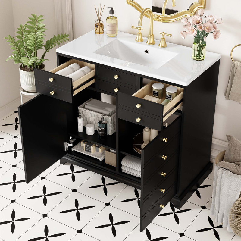 36'' Bathroom Vanity With Ceramic Sink Combo, Black