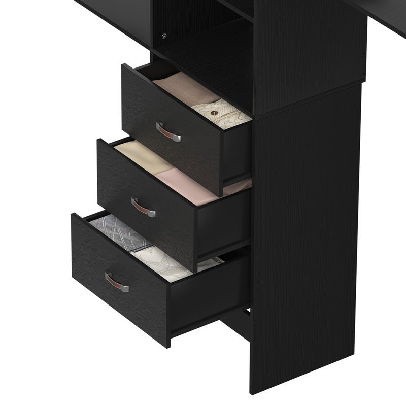Abbigael 20.2''-  96‘’ W Closet System with 3 Wooden Drawers and 3 Shelving Towers, Black
