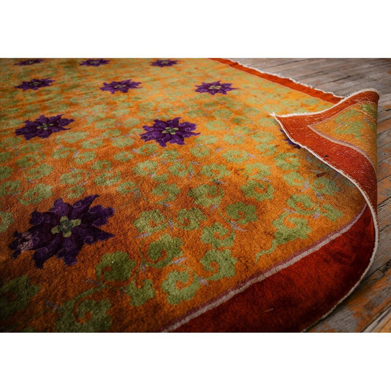 1920s Orange Branches Sprays Modern Floral Antique Chinese Knotted Art Deco Rug 9'0" x 13'0"