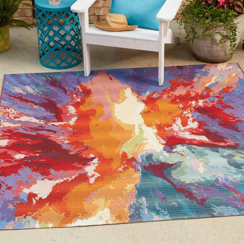 Azaleea Power Loomed Polypropylene Indoor/Outdoor Area Rug in Blue/Red/Orange, Carré 10 pi