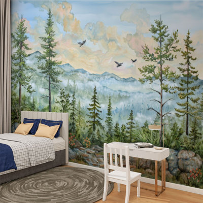 Papier peint adhésif sur toile pelez et collez Green Forest Woodland Nursery Room Pine Trees Mountains Fog Birds Wall Art