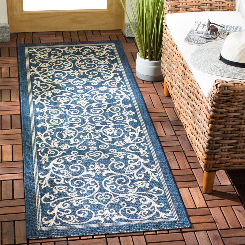 Tapis d'intérieur / extérieur bleu marine / beige Galena, Tapis de couloir 2 pi 3 po x 10 pi