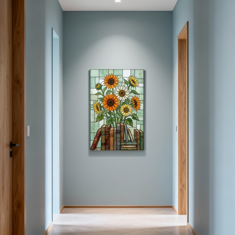 Plantes et fleurs, livres, tournesols, motif d'art en verre coloré, H 18 po x l 12 po