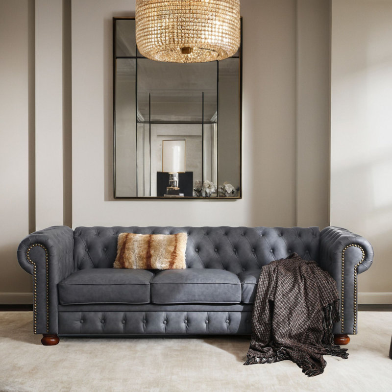 Kiryak 89'' Faux Leather Sofa, Dark Gray Faux Leather