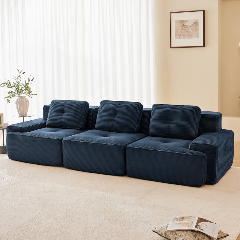 Canapé modulaire moderne de 117 pouces, tissu en velours côtelé, canapé 3 places surdimensionné avec assise profonde, passepoil perlé, conception capitonnée, connexion par boucle, sans assemblage, conception antidérapante, bleu