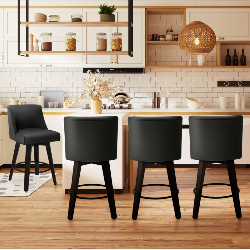 Tabouret pivotant avec structure en bois massif Malakeh, Tabouret de comptoir (siège d'une hauteur de 26 p, Noir anthracite