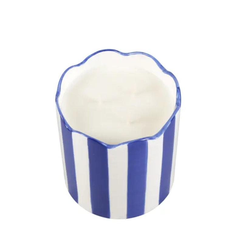 Bougie en céramique 15 oz à rayures bleues et blanches - Sunshine