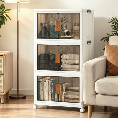 5 Pack Stackable Storage Bins Folding Organizer Boxes Collapsible Closet With Doors Wheels Lids