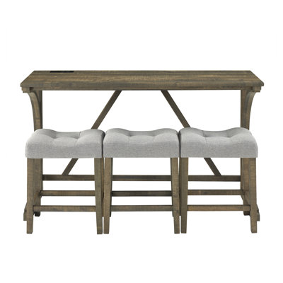 Industrial Bar Table Set with Power Outlet, MDF Pub Table and Chairs, Brown and Yellow Finish
