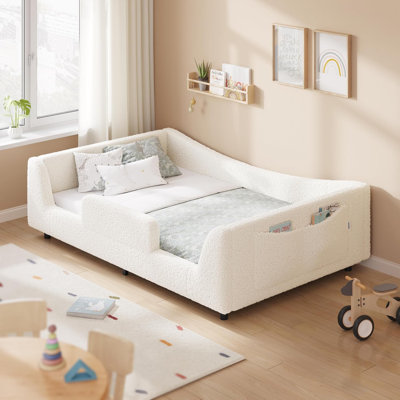 Floor Bed, Low Montessori 2-in-1 Convertible Beds, With Slats And High Rails, Upholstered Teddy Boucle, Curve Round Frame, No Box Spring Needed, Easy Assemble, Beige