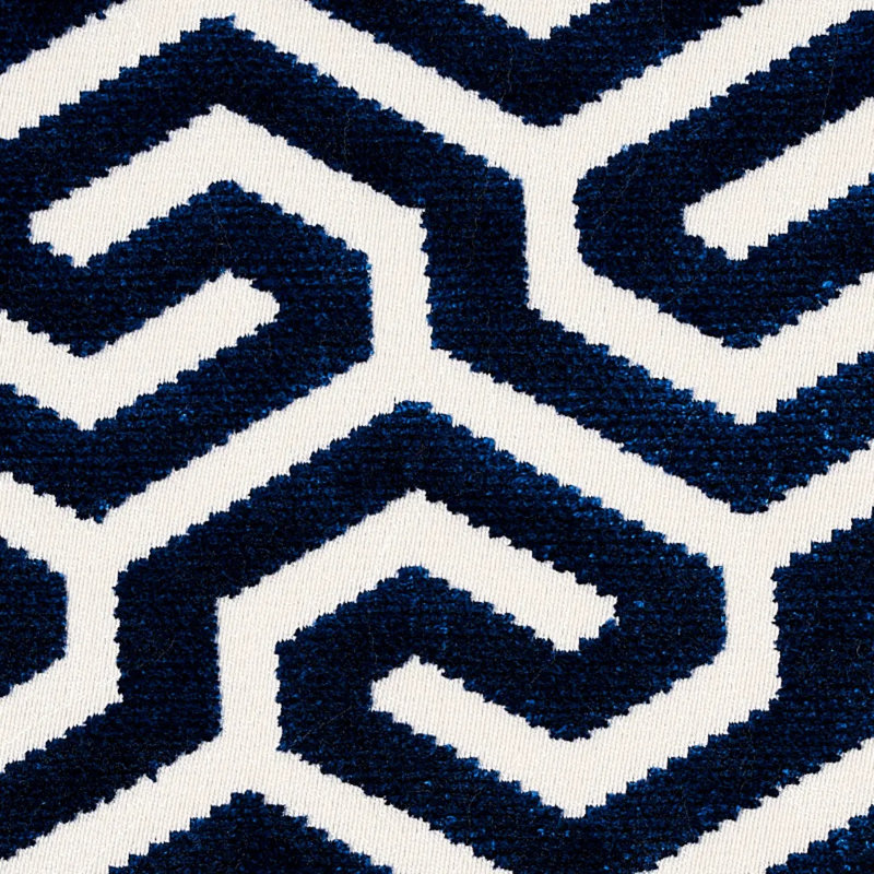 Ming Fret Velvet Fabric, Navy