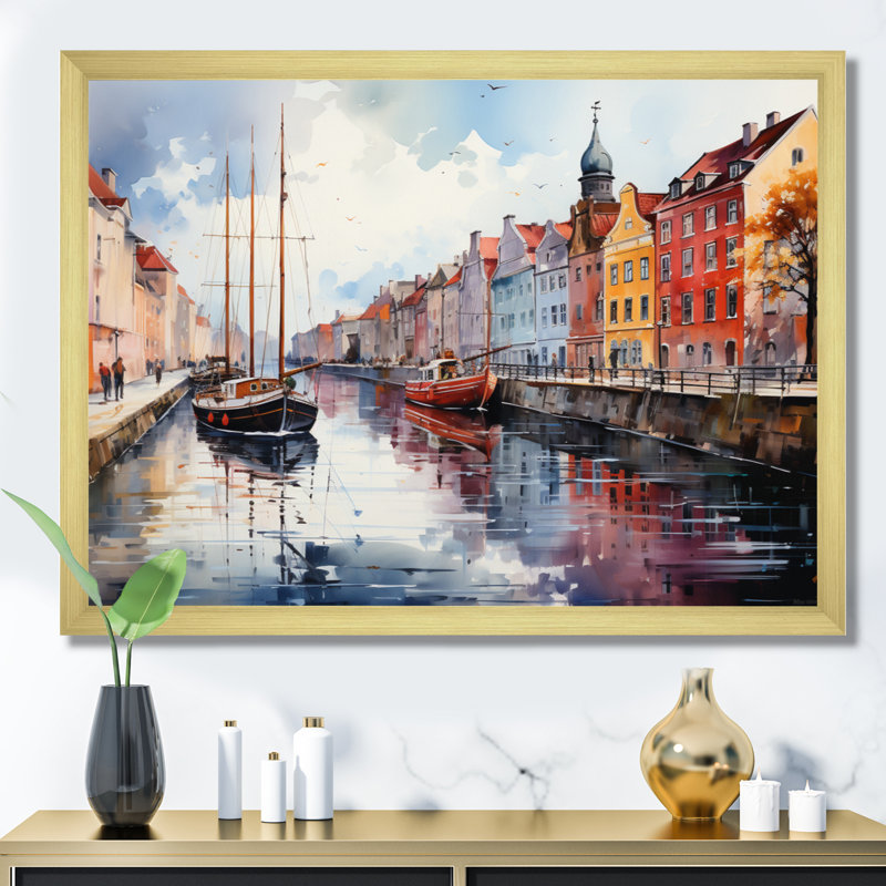 «Danemark Canal Promenade I», reproduction sur toile, H 24 po x l 32 po x P 1 po, Encadrement doré