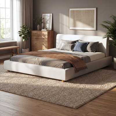 King Size Boucle Upholstered Platform Bed Frame with Headboard, Modern Soft Fabric Platform Bed, Wood Slats Support, No Box Spring Needed, Easy Assembly, White