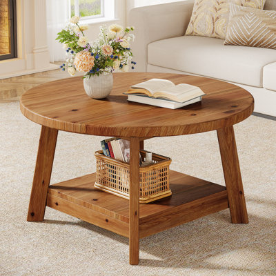 Table basse ronde en bois massif avec rangement