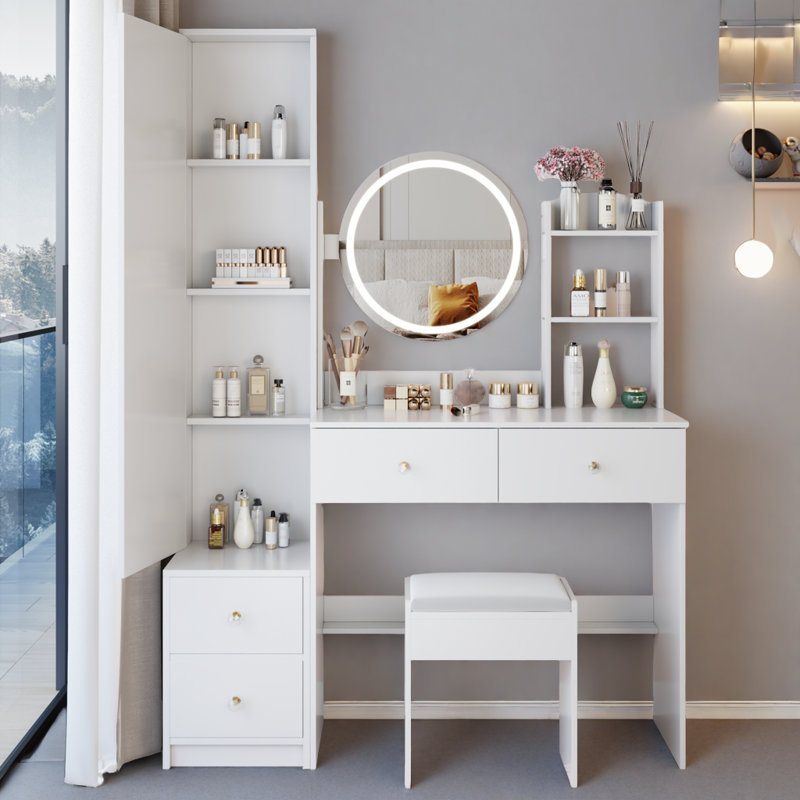 Makeup Vanity Desk with LED Mirror, Stool, and Multiple Charging Ports for Modern Convenience, White