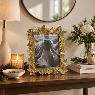 Elegant Rectangular Butterfly and Floral Picture Frame - Decorative Photo Frame for Entryway Table or Home Decor - 9.5", Gold