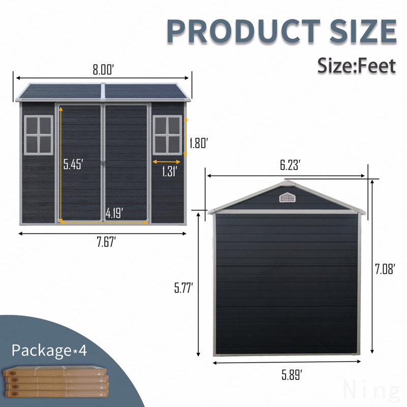 Remise de rangement extérieure en résine 8 pi x 6 pi, remise imperméable avec plancher et deux fenêtres et porte verrouillable, remise à outils