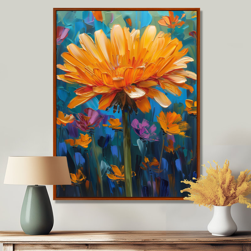 Reproduction d'art mural jaune et bleu, fleur de pissenlit III - Pissenlit, H 32 po x l 16 po x P 1 po, Cadre flottant brun