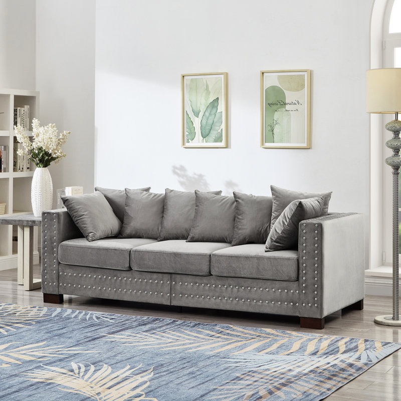 Velours moderne gris à 3 places avec clous carrés et argentés, repose-pieds en bois massif, coussin à haute élasticité, housse amovible, rangement inférieur gris, accoudoirs, siège à ressorts ensachés, housse en dessous