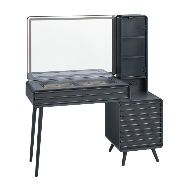 48" Fluted Makeup Vanity Desk With 35" Big Lighted Mirror,5 Dressers & Charging Station & 3 Light Modes& Glass Top,for Bedroom
