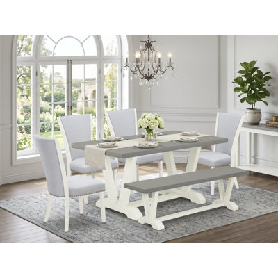 Ensemble de salle à manger 6 pièces Mid Century - 4 chaises de salle à manger en tissu de lin gris avec têtes de clou et table de salle à manger moderne en ciment - 1 banc de cuisine - Lin brossé blanc