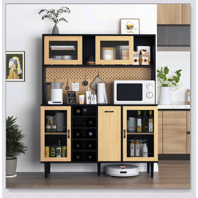Buffet polyvalent de 59 po de hauteur avec rangement, prise de courant et support à vin pour la cuisine et le salon