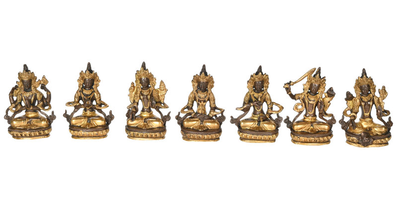 Ensemble de sept divinités bouddhistes tibétaines