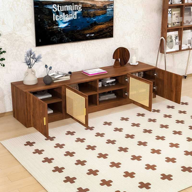 Vintage TV Stand with Wood-Grain Finish for TVs, Featuring Storage & Rattan Accents