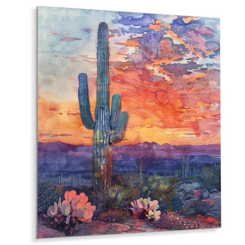 Cactus vert mauve, désert, coucher de soleil II - Cactus, art mural, H 32 po x l 16 po x P 1 po, Métal métal