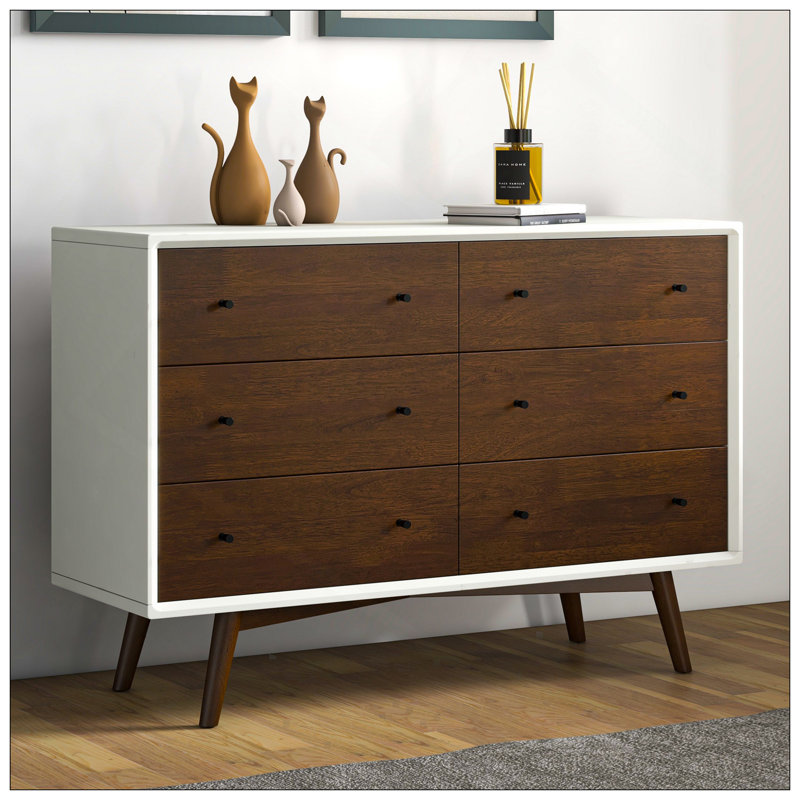 Solution de rangement 6 tiroirs Mid-Century moderne en bois massif, brun foncé et blanc, H 33,1 po x l 47,2 po x P 15,7 po Mid-Century pour la chambre à coucher, le couloir, l'entrée, le placard
