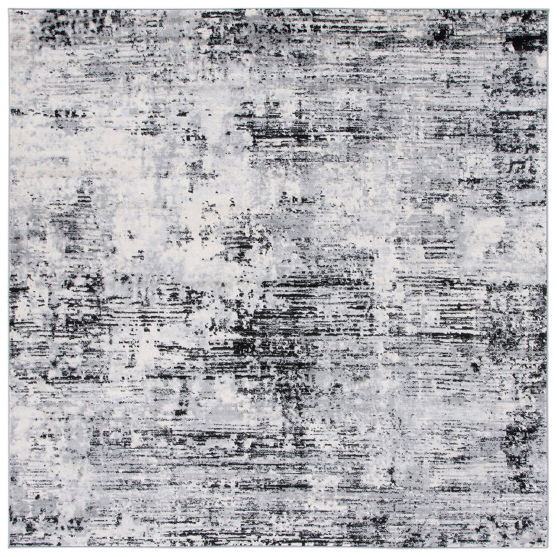 Abstract Power Loom Black/Ivory Area Rug, Square 6'7"