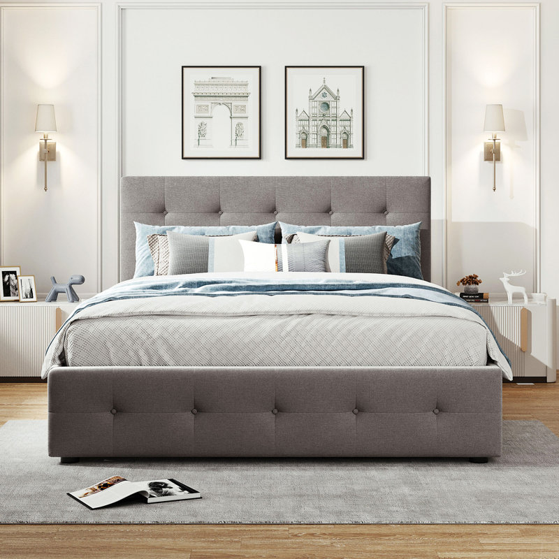 Lit plateforme tapissier avec 2 tiroirs et 1 lit gigogne simple TG, tissu de lin, grand, Brun