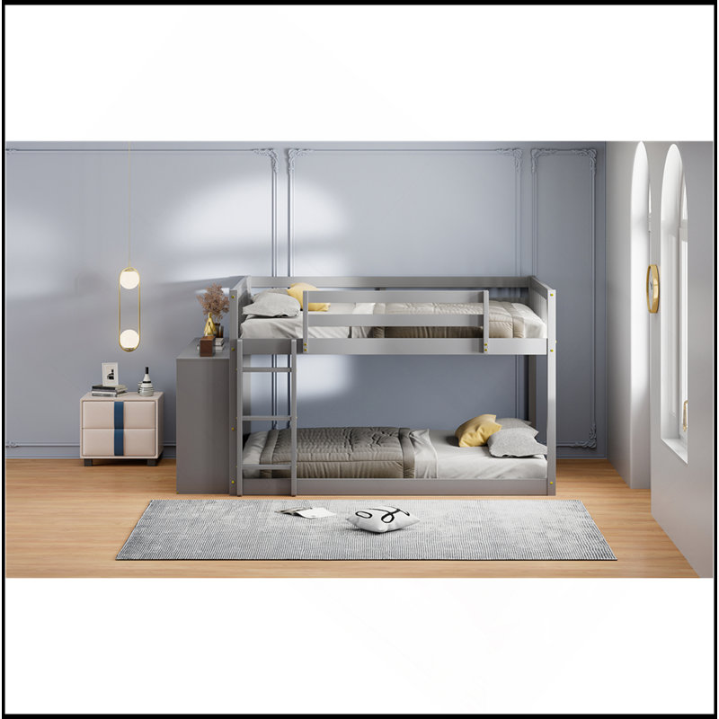 Lit superposé double avec 4 tiroirs et 3 tablettes, Gris