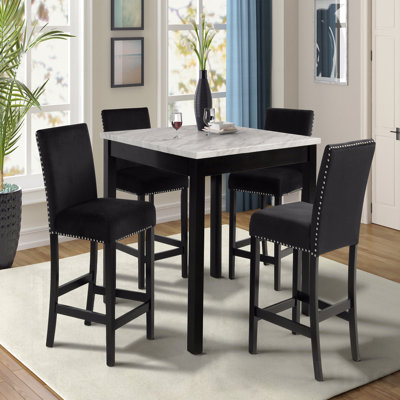 Ensemble de salle à manger 5 pièces à hauteur de comptoir avec table carrée en marbre blanc Fau X et velours noir