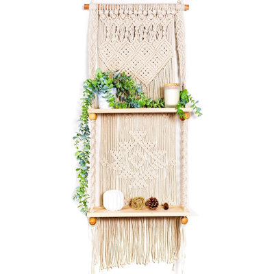 Macrame Wall Hanging Shelf 2 Tier Boho Wall Plant Hanger Shelves, Handmade Of Woven Rope Boho Shelves Organizer For Living Room Bathroom Home Storage Floating Plant Rack Bohemian Decor