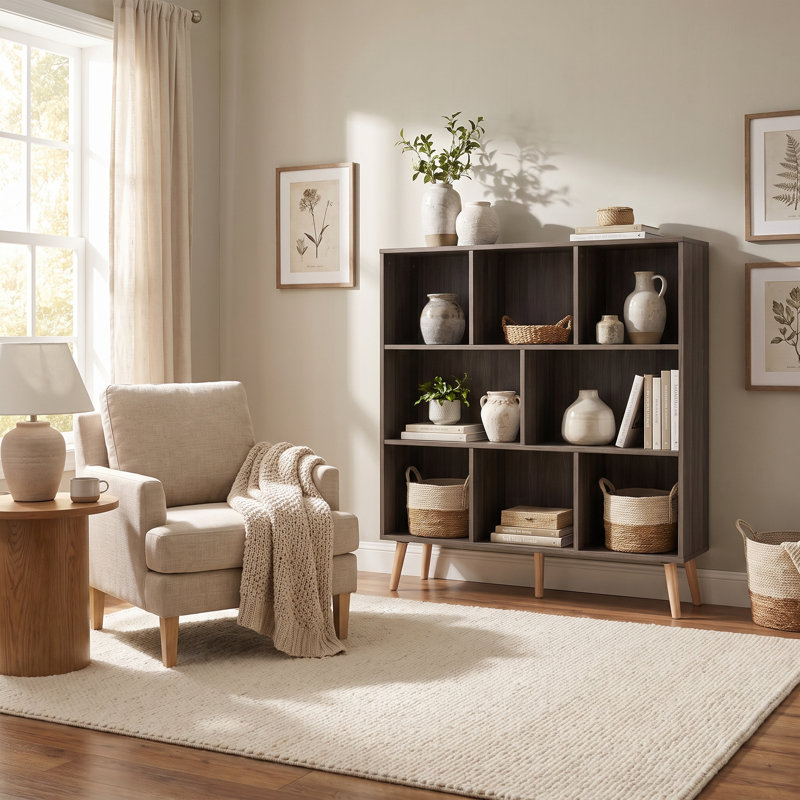 Jaen Solid and Manufactured Wood Cube Bookcase, Platinum Gray, (8 Shelves) 42.5" H x 39.4" W x 9.4" D