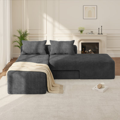 Canapé-lit modulaire convertible 4 en 1 avec méridienne réglable et siège profond, rembourré, avec 2 coussins, sans assemblage, gris