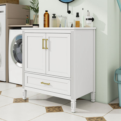 Meuble-lavabo autoportant élégant avec lavabo en céramique, rangement à fermeture en douceur et porte à double couche