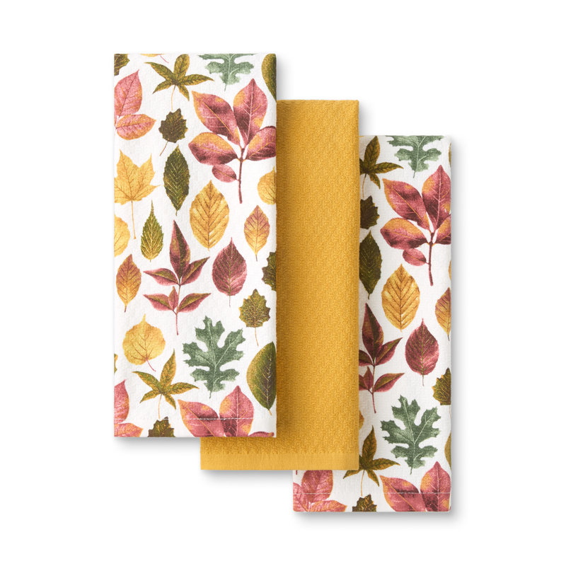 MARTHA STEWART Autumn Harvest Falling Leaves Kitchen Towel 3-Pack Set, 100% Cotton with Absorbent Terrycloth, Decorative Kitchen Towels, Tan/Red/Green, 16"x28"