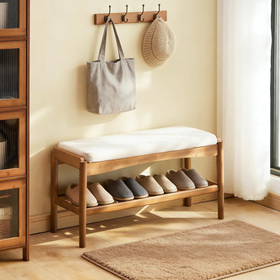 2-Tier Bamboo Shoe Bench With Padded Seat - Entryway Storage Organizer For Hallway, Living Room, And Bedroom