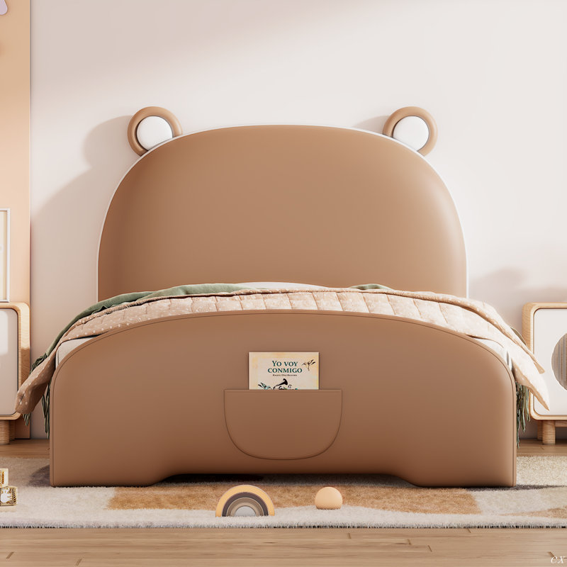 Twin Size Upholstered Platform Bed With Bear-Shaped Headboard And Footboard, Brown