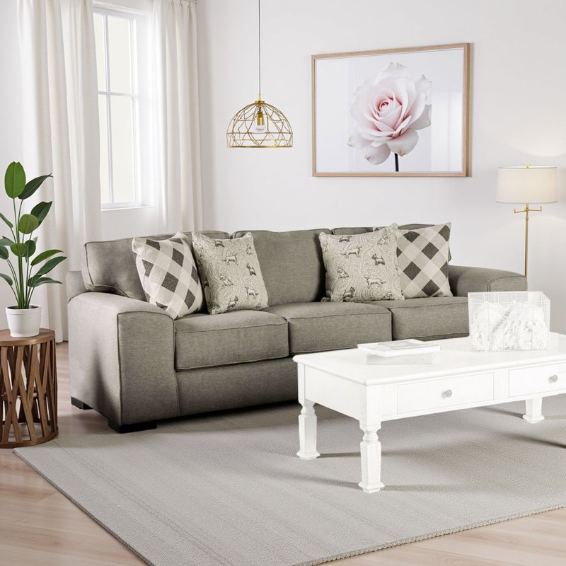 Canapé Edison, tissu gris, 4 coussins décoratifs, accoudoirs, 101 po