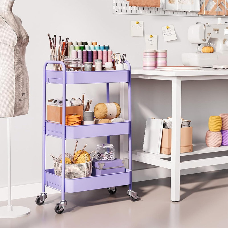 Chariot roulant à 3 niveaux - Organisateur de rangement utilitaire en métal avec roues verrouillables, 33 lb par tablette, assemblage sans outil de 5 minutes, pour cuisine, salle de bain, bureau, chambre de bébé, mauve