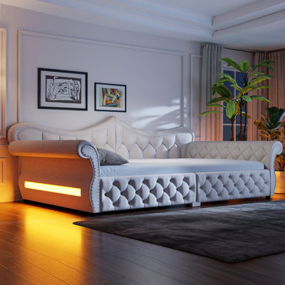 Queen Size Upholstered Daybed with LED and Nail Head Accent – Modern Bedroom Bed, Beige Fabric