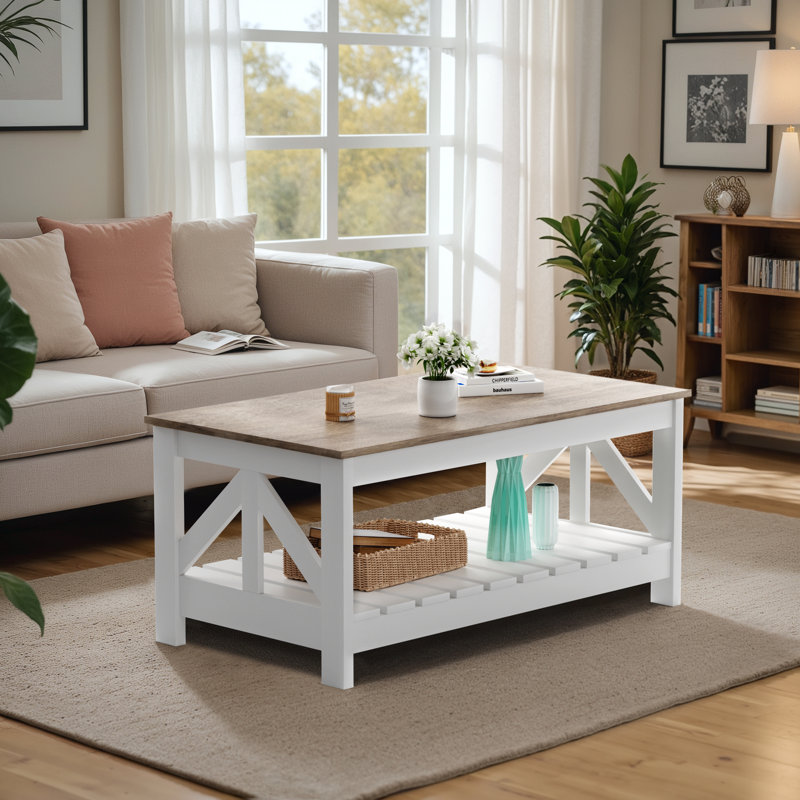 Table basse 39 po rectangulaire avec rangement, Blanc, Naturel