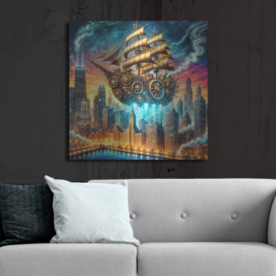 Art mural en métal Trinx «Steam Punk Ship In Chicago» par Rey Klimt