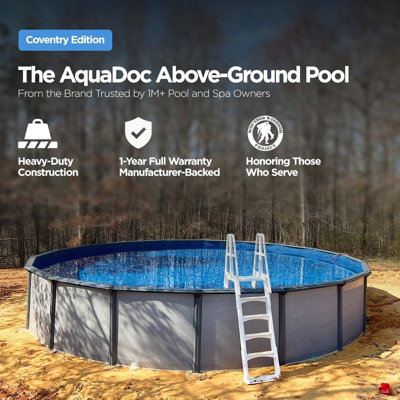 AquaDoc Coventry Round Steel Wall Above Ground Pool Kit 21' x 52" in Pewter Gray Finish with Wide Mouth Skimmer and Solid Blue Overlap Liner Classic Package - Made in North America