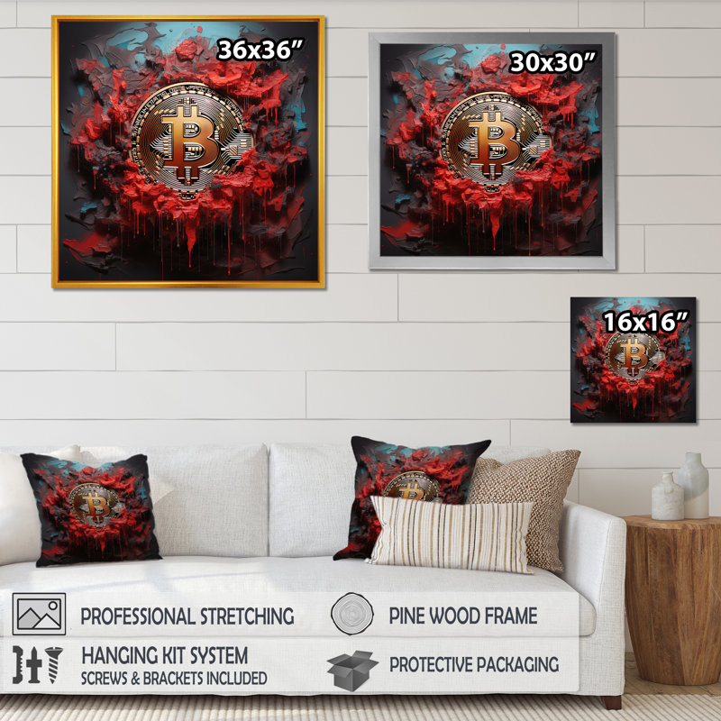 Red Bitcoin Crypto monnaie II - art mural mode Bitcoin, Toile tendue, H 30 po x l 30 po