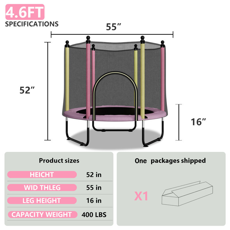 Petit trampoline 55 po pour enfants, trampoline d'intérieur pour tout-petits 4,6 pi avec enceinte de sécurité et panier de basketball