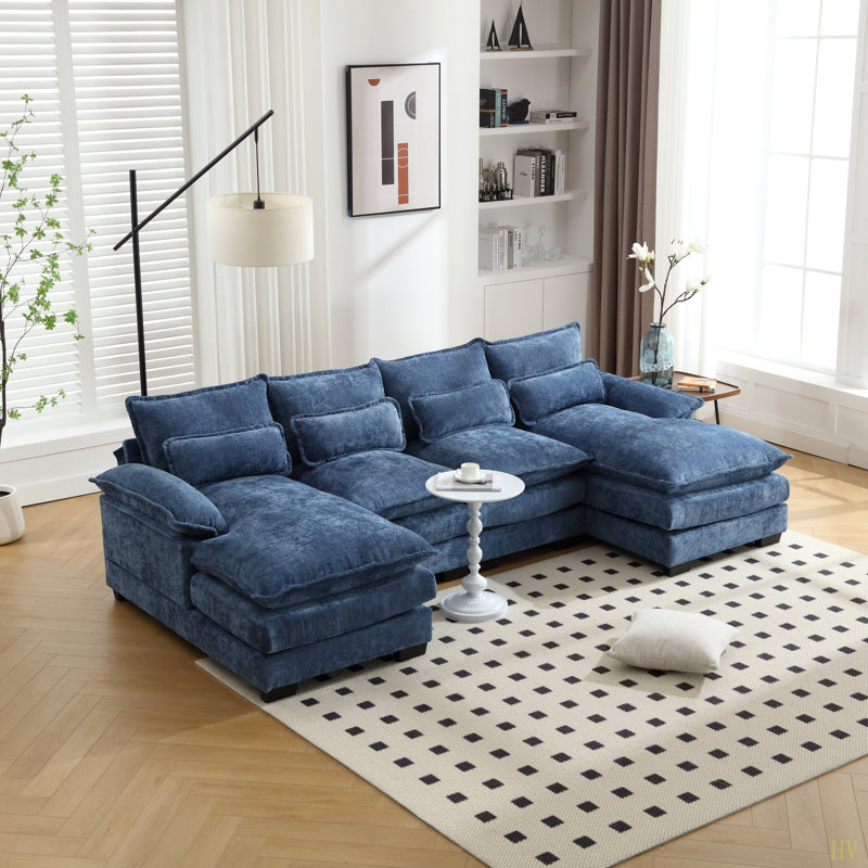 Grand canapé modulaire moderne en U en chenille, Chenille bleu